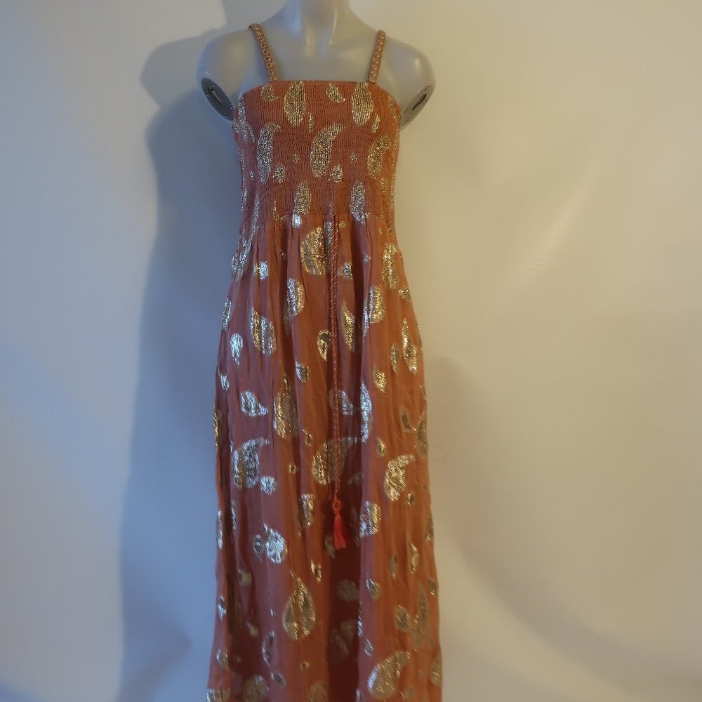 NWT Womens Tina Demel "Sophia" Brown-Mauve & Gold Metallic Maxi Dress L